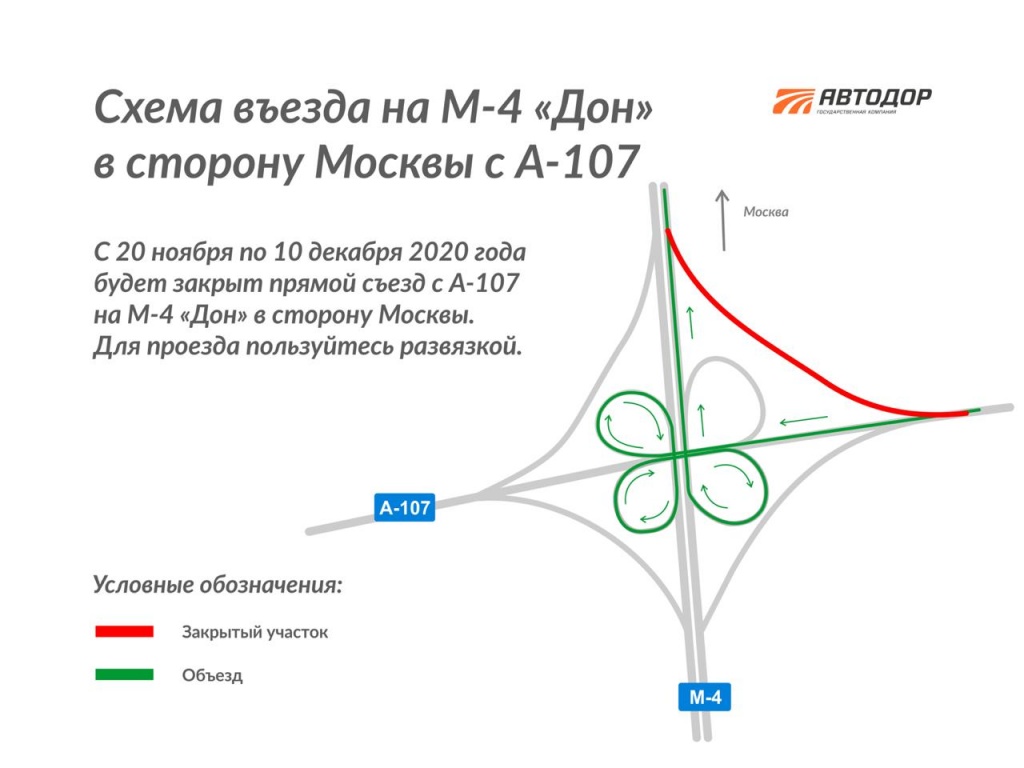 В рамках строительства развязки ЦКАД будет закрыт один из съездов с дороги  А-107 на М-4 «Дон»